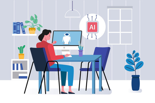 Woman working with artificial intelligence on computer from home office