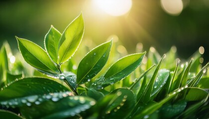 Fototapeta premium A stunning close-up of fresh, vibrant green leaves glistening with morning dew. The soft sunlight highlights the droplets, creating a serene, refreshing atmosphere, perfect for spring themes.