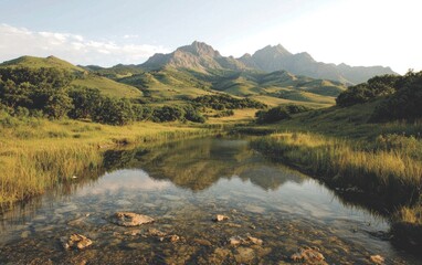 Serene mountain lake reflecting peaks under a clear sky.