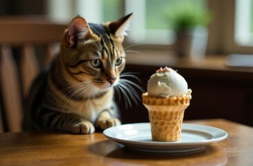 A tabby cat is sitting at a table with a plate of ice cream in a waffle cup in front of him.
