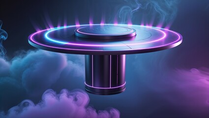 Cylinder flying podium with neon glowing abstract geometric shapes on wall and smoke clouds. Realistic 3d vector illustration of purple and blue luminous hi tech product platform on dark background.