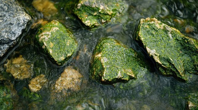 Green Algae Covered Rocks in Shallow Water Stream Beautiful Natural Landscape Stone Pattern Outdoor