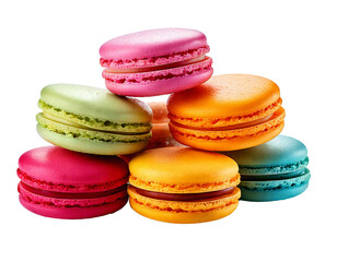 Fototapeta premium Colorful Assortment of Delicious Macarons with Smooth Almond Meringue Shells and Flavorful Fillings, Isolated on White Background, Emphasizing French Bakery Confectionery Art. 