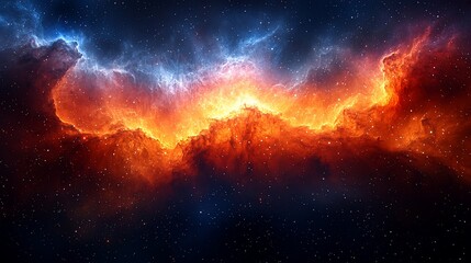Fototapeta premium Fiery cosmic nebula with blue and orange hues.