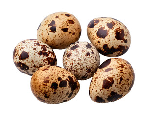Obraz premium Close-Up View of Speckled Quail Eggs with Unique Patterns and Natural Colors, Isolated on White Background, Emphasizing Freshness and Culinary Versatility. 
