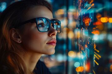 A woman wearing glasses looking at a computer screen