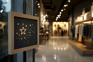 Creative boutique interior showcasing decorative star display with elegant clothing arrangements during evening hours. cozy boutique glowing star decor, with stylish clothing racks at background