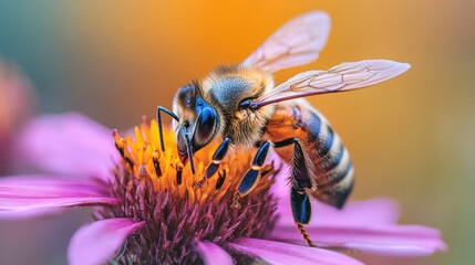 Honeybee on Pink Flower Head Collecting Nectar Detailed Macro Summer Pollination Garden Environment