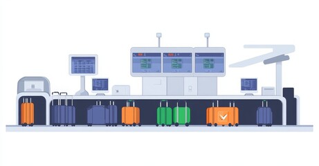 Fototapeta premium The airport check-in process involves an x-ray scanner that inspects luggage as it travels on a conveyor belt