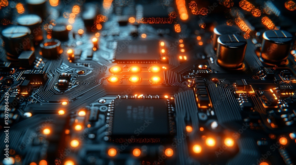 Poster illuminated circuit board with glowing components.