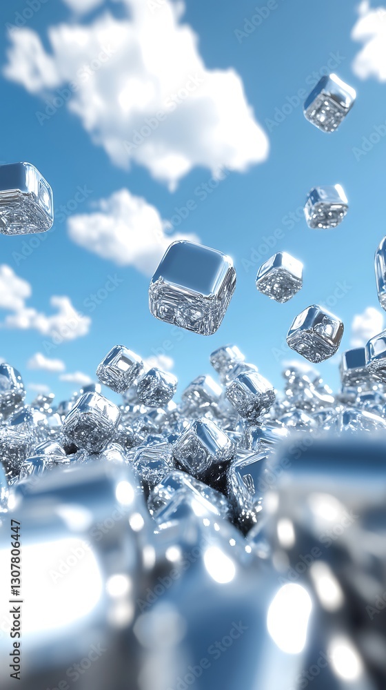 Poster chrome cubes floating against a serene sky with fluffy clouds backdrop