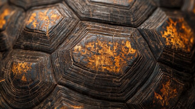 Intricate Patterns of Turtle Shell Plating Carapace Scales Hexagon Brown Color Textured Details
