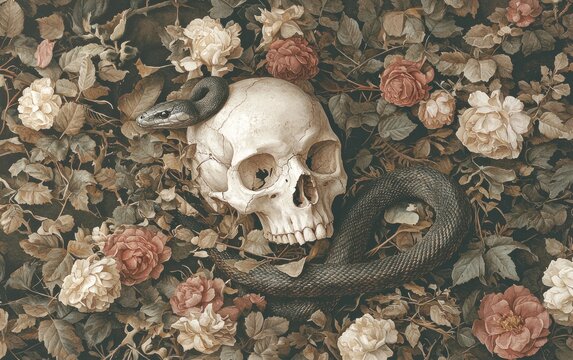 Still life of human skull, snake, and roses.