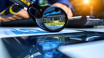 Analyzing business performance metrics through magnifying glass office environment photography close-up professional insight