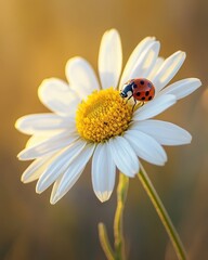 Fototapeta premium Ladybug Resting Gracefully on a White Daisy Petal in Warm Sunlight Serene Floral Scene