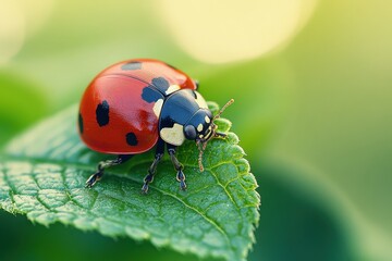 Fototapeta premium Ladybug Resting on a Green Leaf Detailed Close Up Beautiful Macro Nature Photography Sunlight Warm