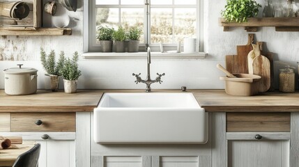 Rustic farmhouse kitchen sink by window