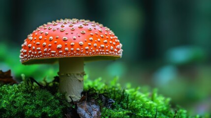 Fototapeta premium Poisonous Red Capped Mushroom in Forest Setting with Mossy Background and Greenery Detail
