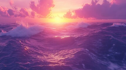 Obraz premium Ocean sunset, dramatic waves, vibrant colors