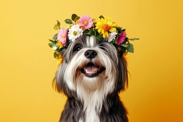 Cute adult dog alaskan malamute wearing primal flower crown on its head - symbol of sunny vacation...