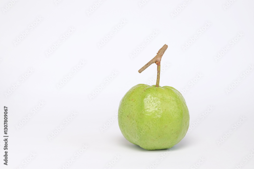 Poster close up of green guava isolated on white background.copy paste for text.source of vitamin a.for gra