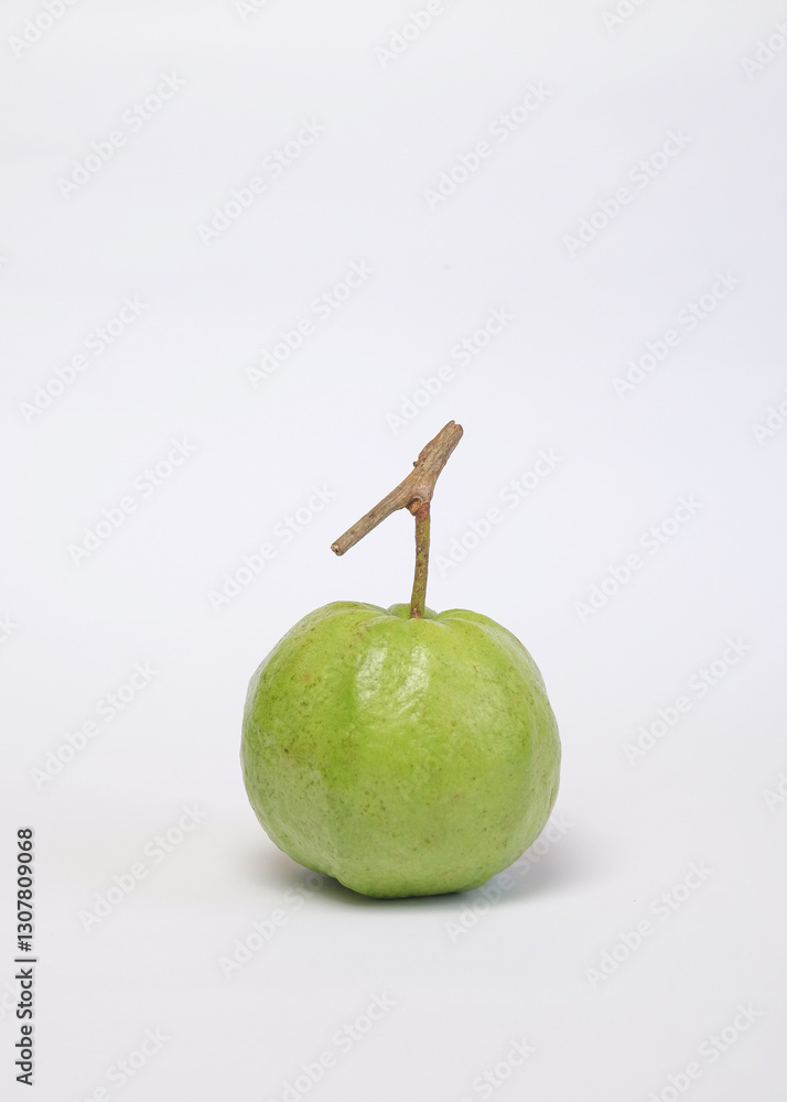 Poster close up of green guava isolated on white background.copy paste for text.source of vitamin a.for gra