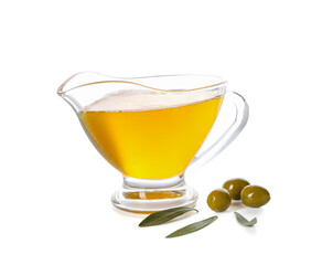 Gravy boat of fresh olive oil on white background