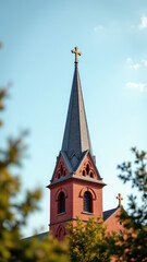 Large red brick church with a pointed spire, illuminated by sunlight during day.