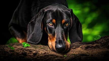 Dog Sniffing the Ground in Natural Stance on Soft Green Background