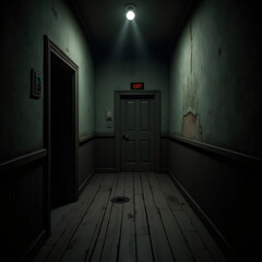 A Dimly Lit and Ominous Hallway with an Illuminated Exit Door Suggesting Escape from Confinement y7XpL9