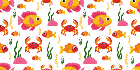 Marine pattern with pink and yellow fish, red crab and seaweed on white background. Cute cartoon sea creatures illustration in vector flat style. For children's book characters, sea stories, wallpaper