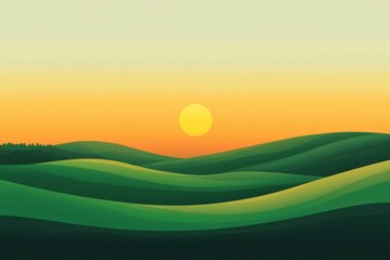 Serene Sunset Over Rolling Green Hills Under Soft Yellow Sky