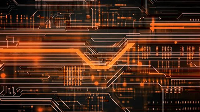 Abstract digital circuit design with glowing orange lines and nodes.