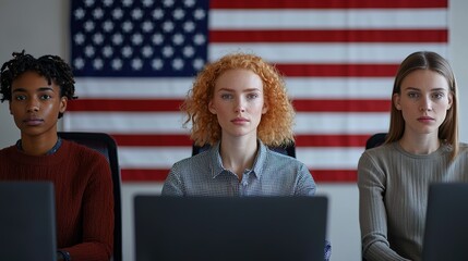 Three individuals engaged in work at desks with computers office setting digital interaction professional environment