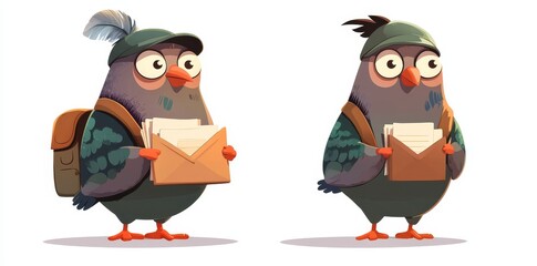 Fototapeta premium In vintage messenger outfits, grey bird mascots are portrayed as cartoon mail carrier pigeon characters, flying with postal bags and letters, or standing with paper scrolls and pilot goggles, for