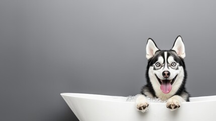 Happy Dog Relaxing in Bathtub with Bubbles and Big Smile