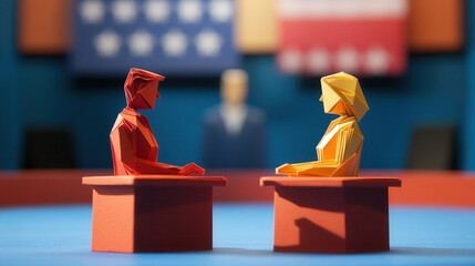 Origami figures of a man and woman engage in a presidential debate on a brightly colored podium during election season.politician, president, promises, government, politics