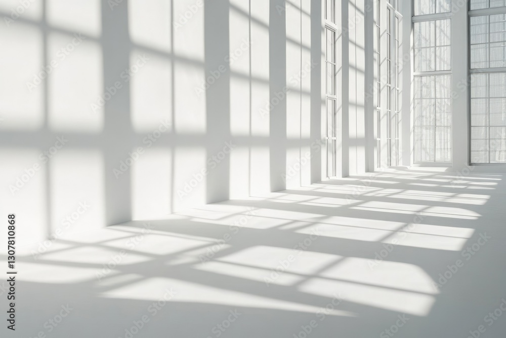 Poster sunlight streams through large windows in a minimalist white room, casting shadows on the floor.