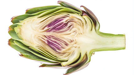 Obraz premium Detailed cross-section of an artichoke highlighting its unique structure and vibrant colors against a clean, white background