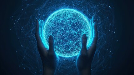 Analyzing glowing gigapixel sphere with two blue hands digital environment futuristic viewpoint conceptual science