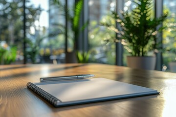 A blank notepad and pen sit on a wooden table near a window, bathed in sunlight.