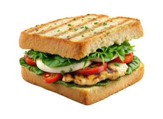 Grilled Chicken Sandwich with Fresh Lettuce, Tomatoes and Mozzarella on Herb-Buttered Toasted White Bread with Grill Marks Isolated on Transparent and White Background