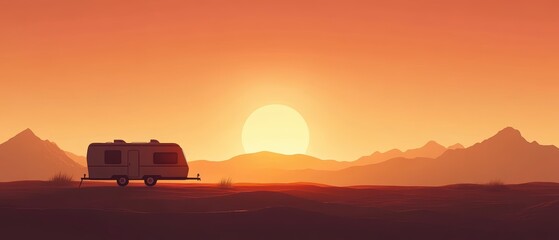 Serene Sunset Over Desert Landscape with Caravan and Mountains