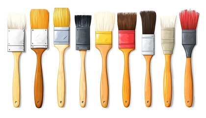 A Lineup of Various Paint Brushes Presented on White Background
