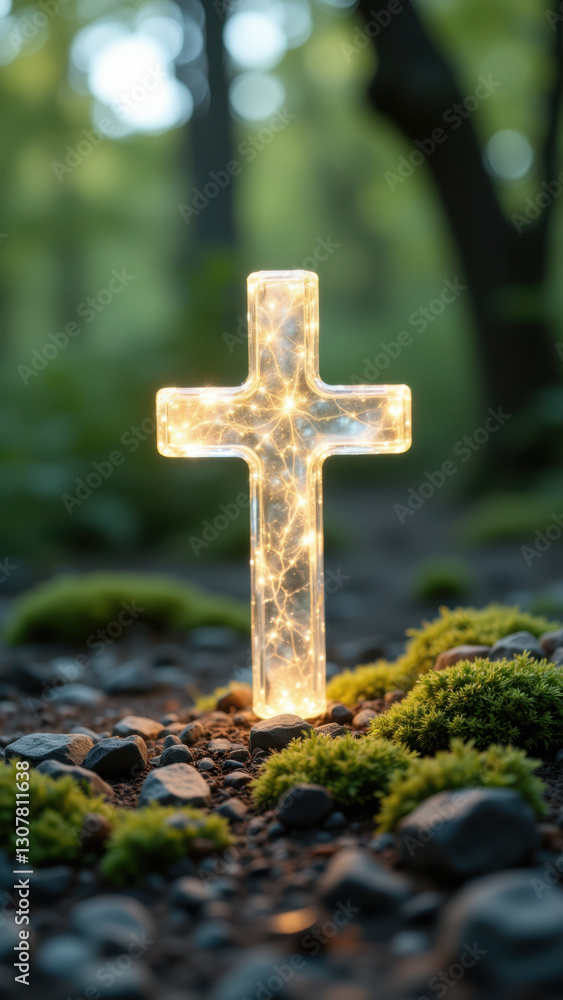 Poster a lighted cross in a forest setting with rocks and moss.