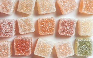 Colorful sugared fruit jellies arranged in rows on white background.