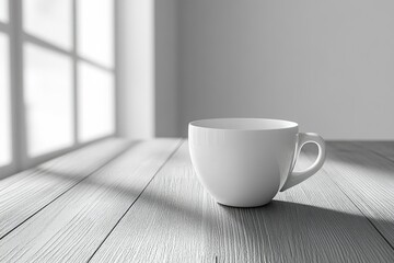 Obraz premium A white coffee cup sits on a wooden table near a bright window, minimalist aesthetic.