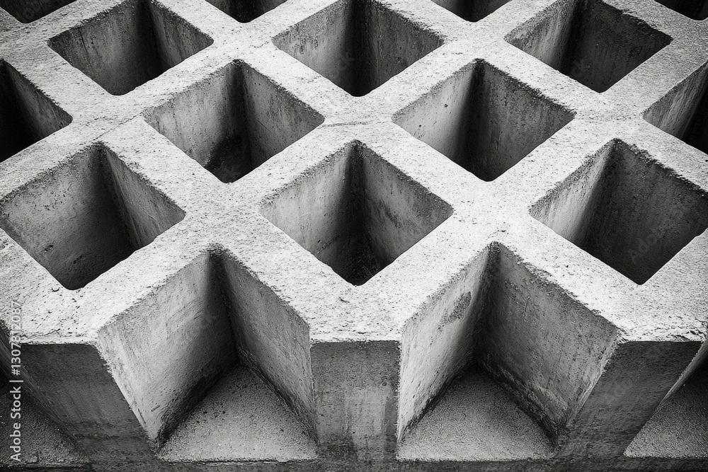 Poster abstract grayscale image showcasing a repeating pattern of square concrete blocks forming a grid-lik