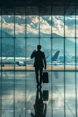 Fototapeta premium A businessman in a sharp suit walks through an airport terminal 