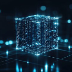 Digital Cube with Binary Code Theme in Futuristic Abstract Background